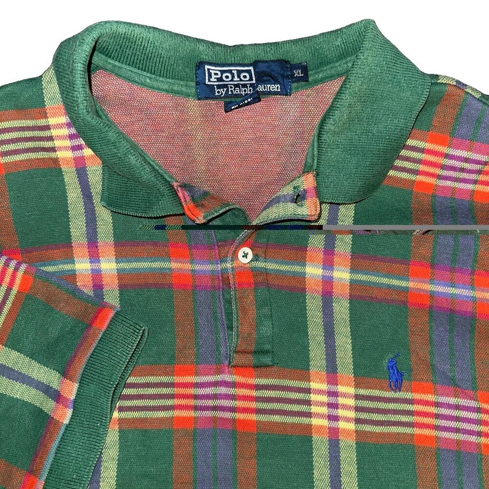 Vintage Polo Ralph Lauren Shirt Men XL Plaid Pique Green Orange Made In USA Rare